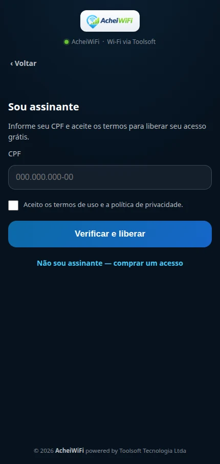 Portal cativo do AcheiWiFi: o assinante informa o CPF e aceita os termos para liberar o acesso por cortesia