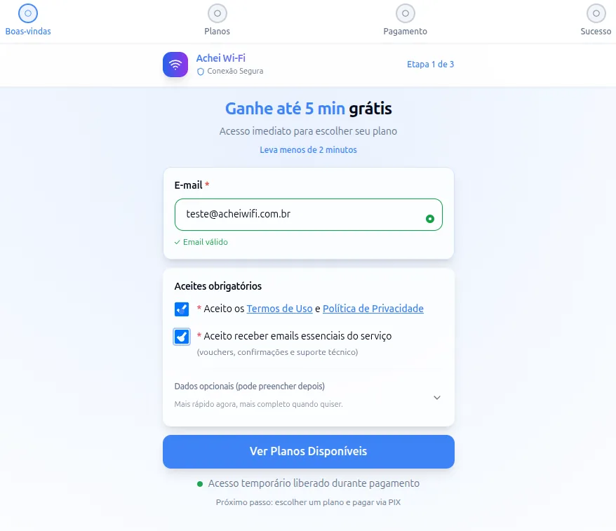 Portal cativo do AcheiWiFi no acesso do visitante