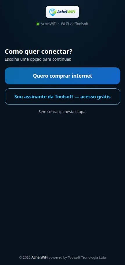 Portal cativo do AcheiWiFi: escolha entre comprar um acesso ou entrar como assinante do provedor
