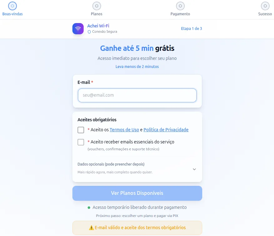 Tela do portal WiFi do AcheiWiFi com interface de acesso para o visitante